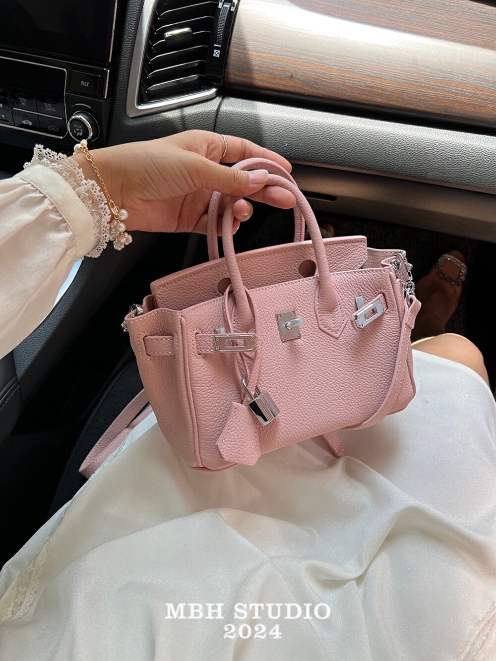 MBH Top Grain Leather Mini Platinum Crossbody Bag with Shoulder Strap