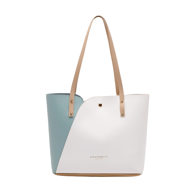 Women's 2024 New Fashion Gold Stamping Color Block Tote Bag Shoulder Bag Shopping Bag Large Capacity - Image 2