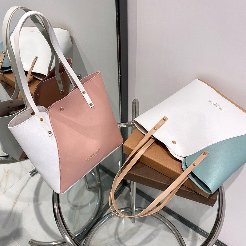 Women's 2024 New Fashion Gold Stamping Color Block Tote Bag Shoulder Bag Shopping Bag Large Capacity - Image 4