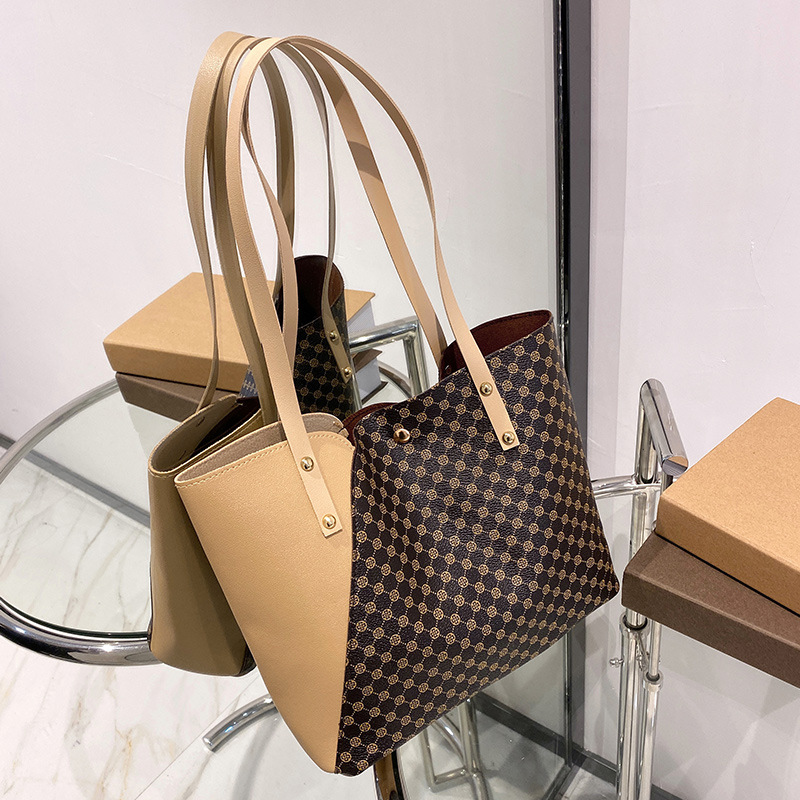 Women's 2024 New Fashion Gold Stamping Color Block Tote Bag Shoulder Bag Shopping Bag Large Capacity - Image 3