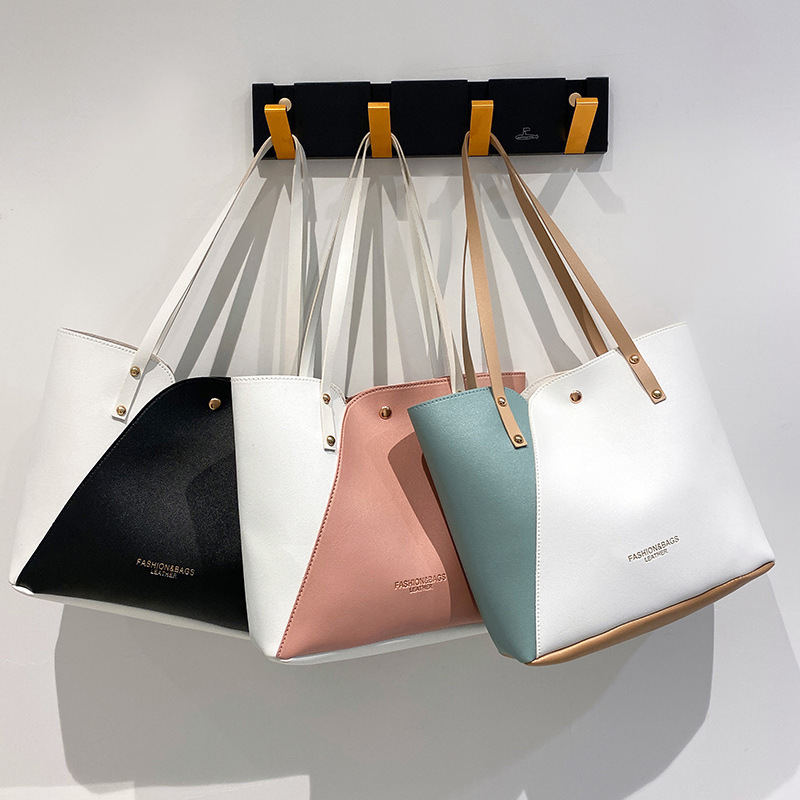 Women's 2024 New Fashion Gold Stamping Color Block Tote Bag Shoulder Bag Shopping Bag Large Capacity