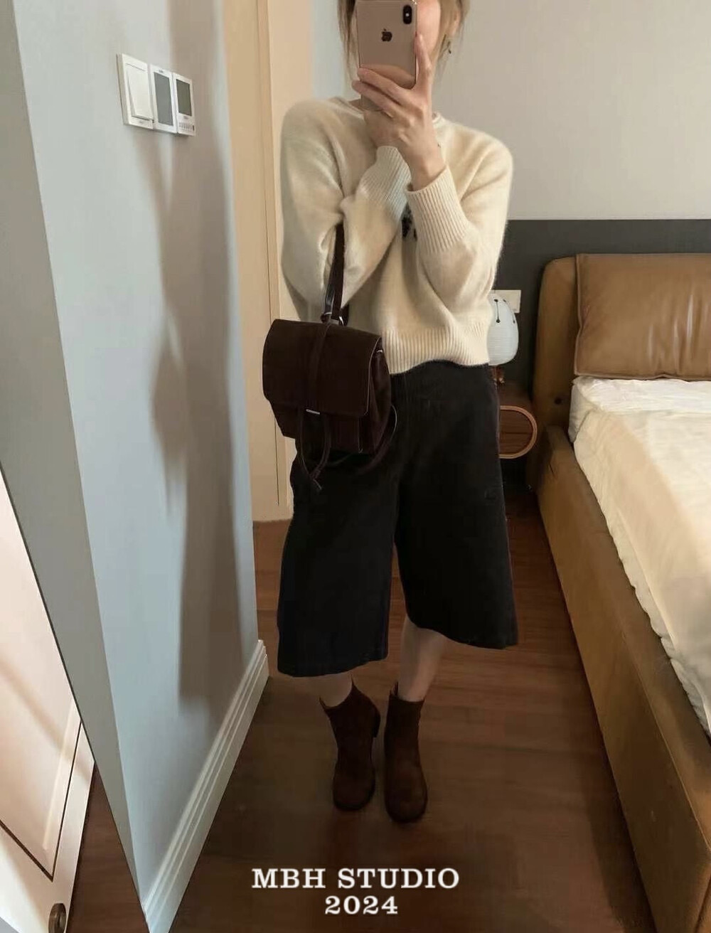 MBH Minimal Korean Style Suede Leather Backpack - Image 2