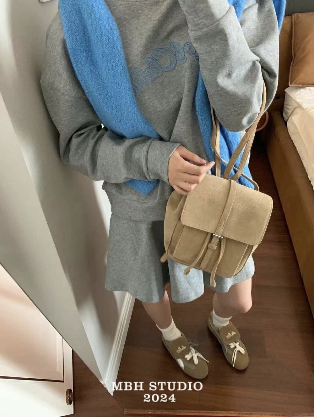 MBH Minimal Korean Style Suede Leather Backpack