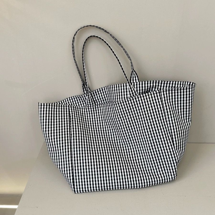 2024 Large Plaid Canvas Tote Bag Casual Shopping Shoulder Bag Student Vintage Ins