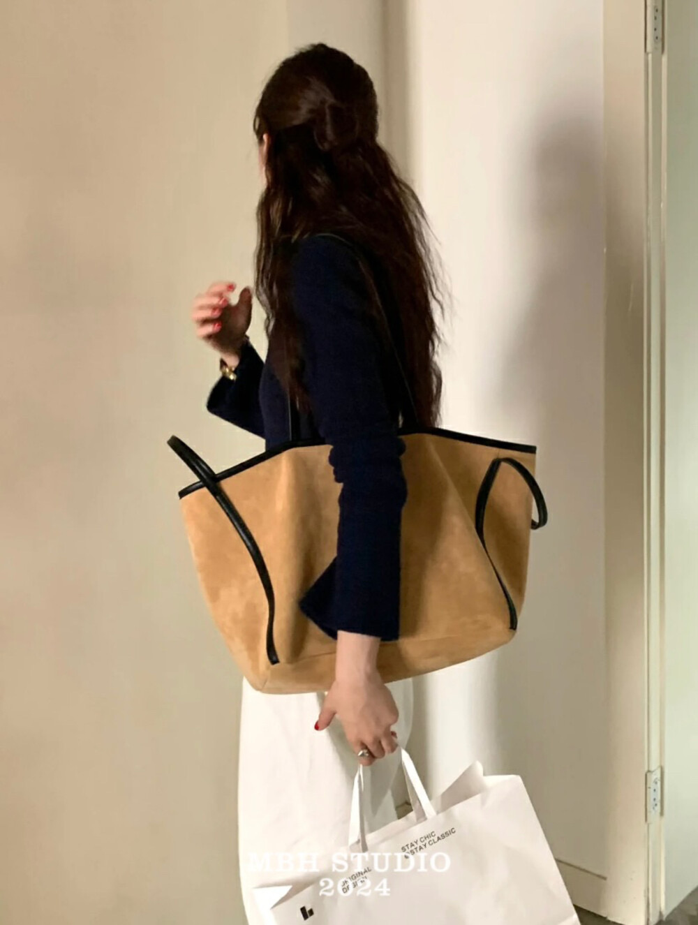 MBH Korean Style Autumn Winter Matte Leather Slouchy Casual Large Capacity Tote Shoulder Bag with Storage Pouch - Image 2