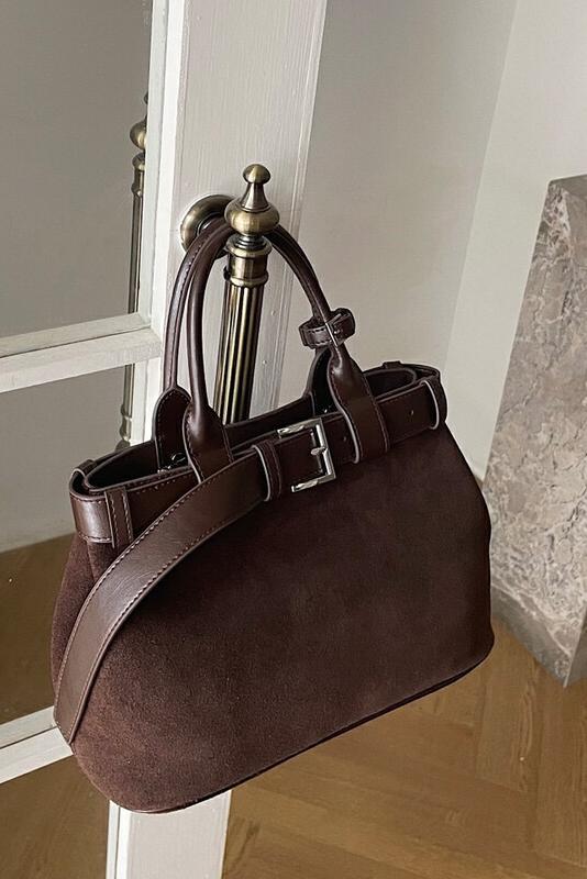 MBH Suede Designer Belt Buckle Commuter Crossbody Handbag with Shoulder Strap - Image 5