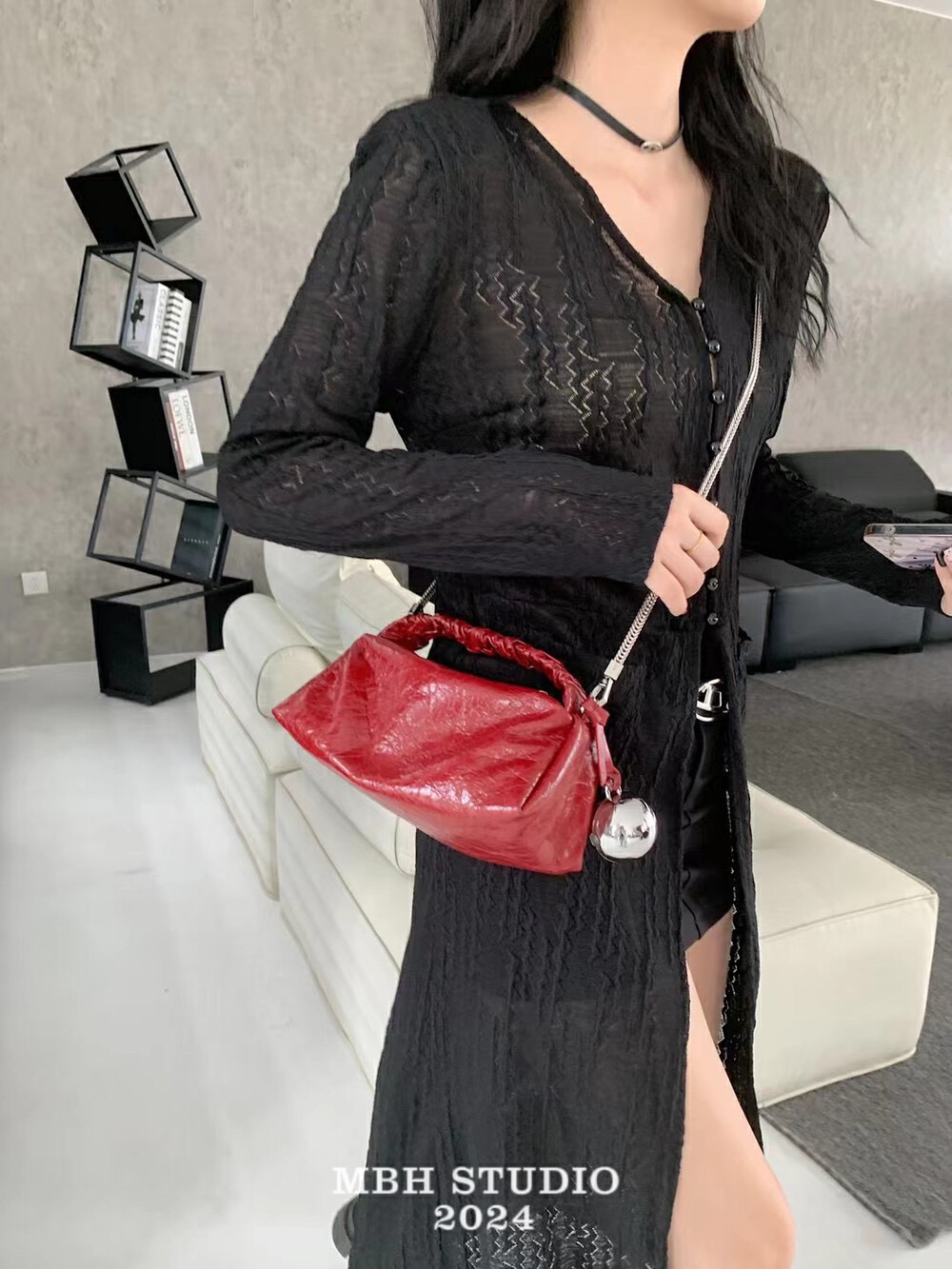 MBH Crackle Waxed Top Layer Cowhide Mini Silver Ball Bucket Bag Crossbody Handbag with Chain