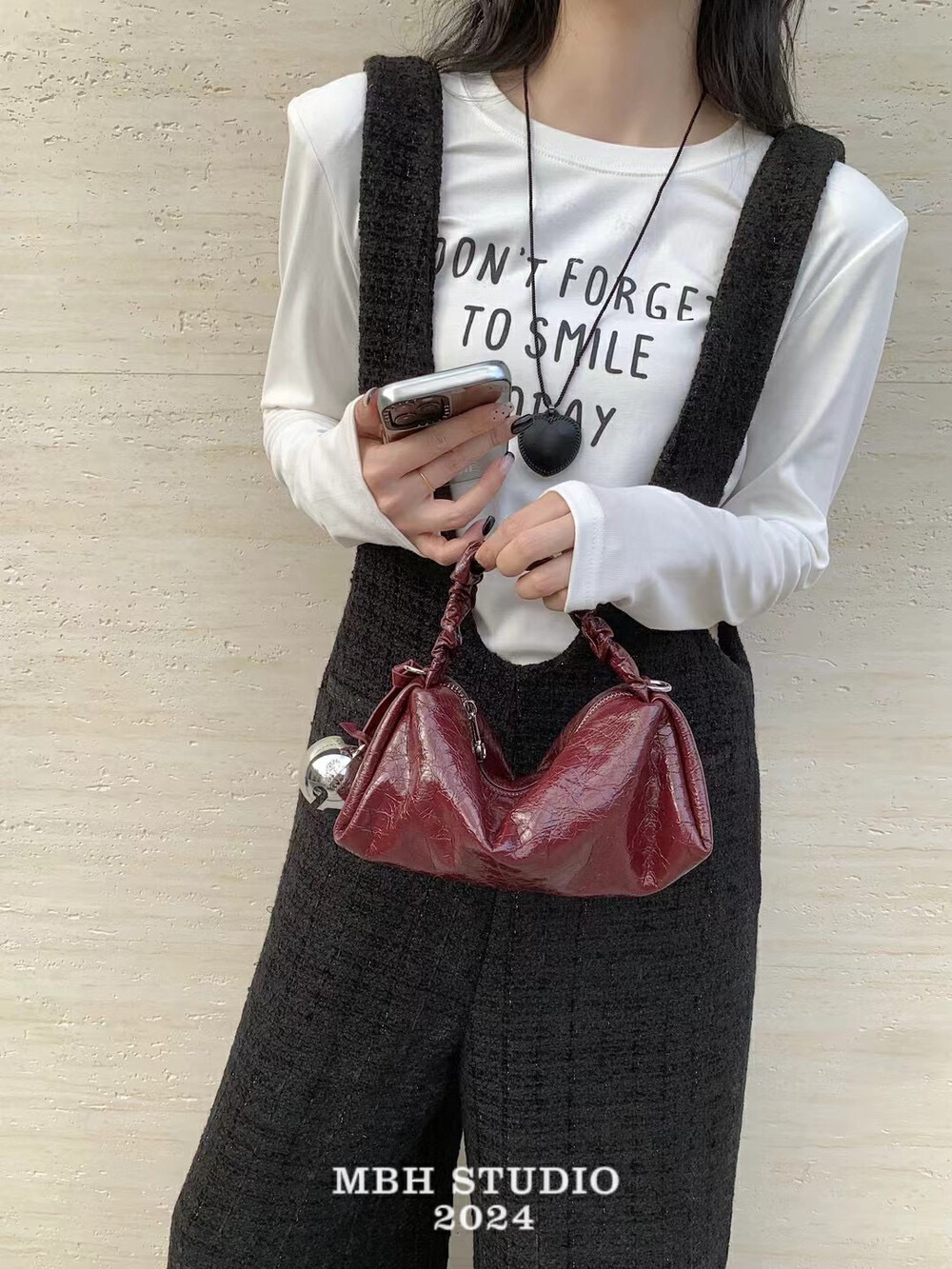 MBH Crackle Waxed Top Layer Cowhide Mini Silver Ball Bucket Bag Crossbody Handbag with Chain - Image 3