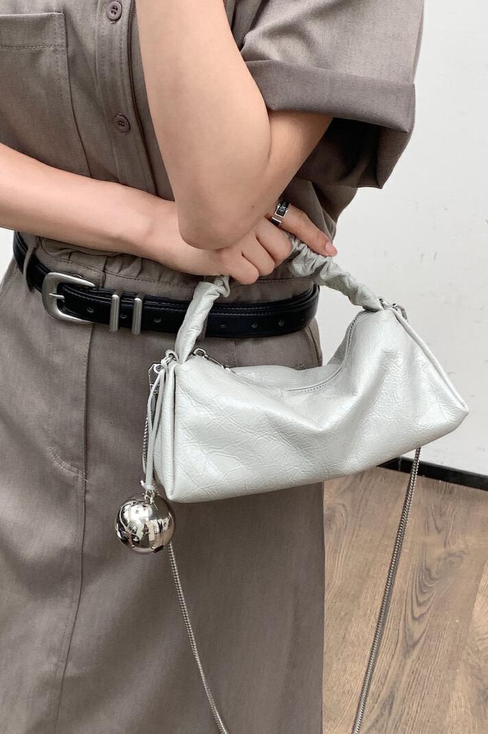 MBH Crackle Waxed Top Layer Cowhide Mini Silver Ball Bucket Bag Crossbody Handbag with Chain - Image 5