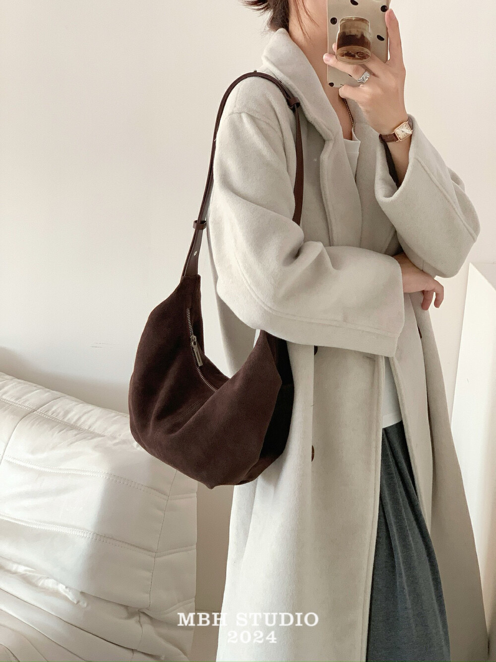 MBH Matte Top Layer Cowhide Leather Ruched Horn Bag Casual Niche Design Shoulder Crossbody Bag - Image 3