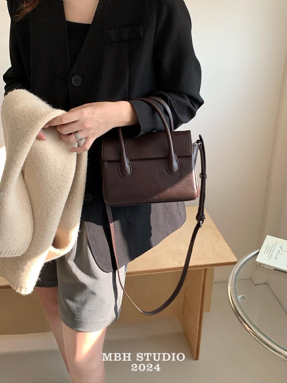 MBH Vegetable Tanned Top Layer Cowhide Minimalist Square Crossbody Handbag with Strap - Image 2