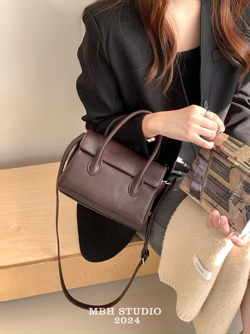 MBH Vegetable Tanned Top Layer Cowhide Minimalist Square Crossbody Handbag with Strap - Image 4
