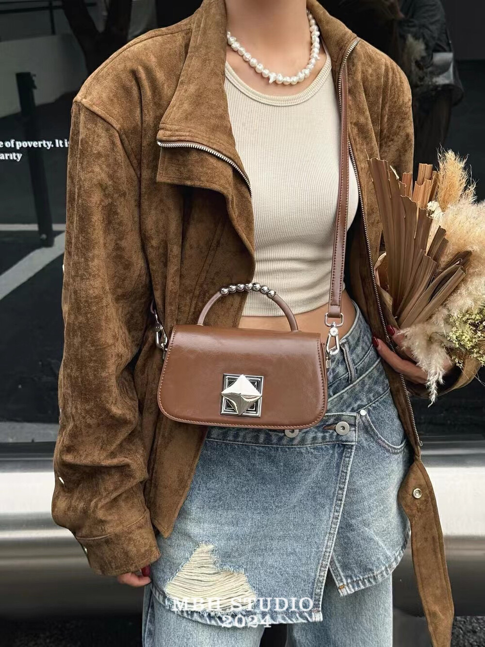 MBH Genuine Leather Mini Square Handbag Crossbody Bag with Lock Bead Detail and Shoulder Strap - Image 3