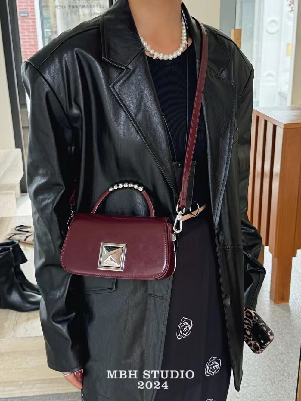 MBH Genuine Leather Mini Square Handbag Crossbody Bag with Lock Bead Detail and Shoulder Strap