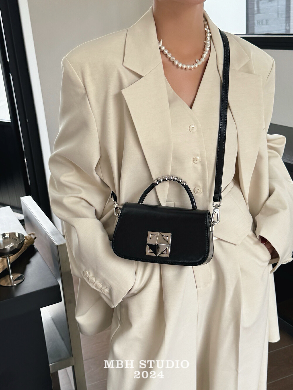 MBH Genuine Leather Mini Square Handbag Crossbody Bag with Lock Bead Detail and Shoulder Strap - Image 2