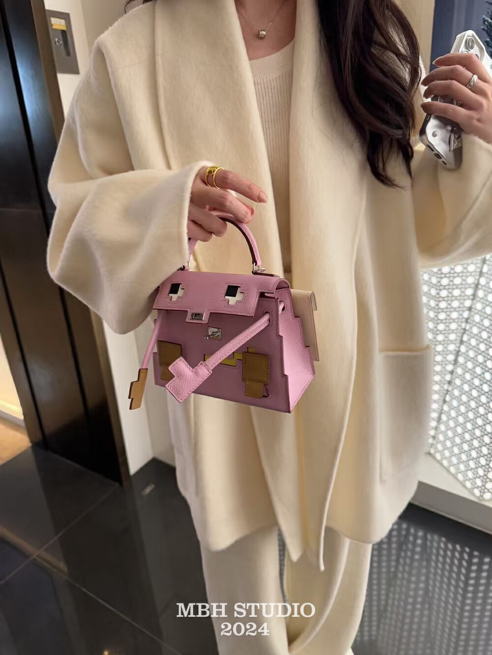 MBH Top Grain Leather Mosaic Kelly Bag Cute Mini Crossbody Handbag with Shoulder Strap