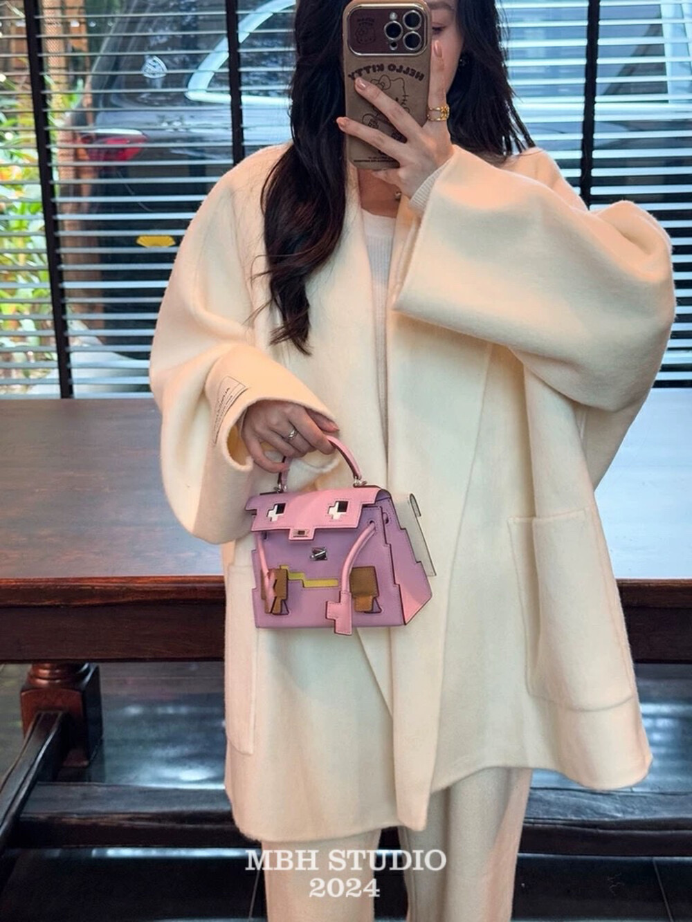 MBH Top Grain Leather Mosaic Kelly Bag Cute Mini Crossbody Handbag with Shoulder Strap - Image 4