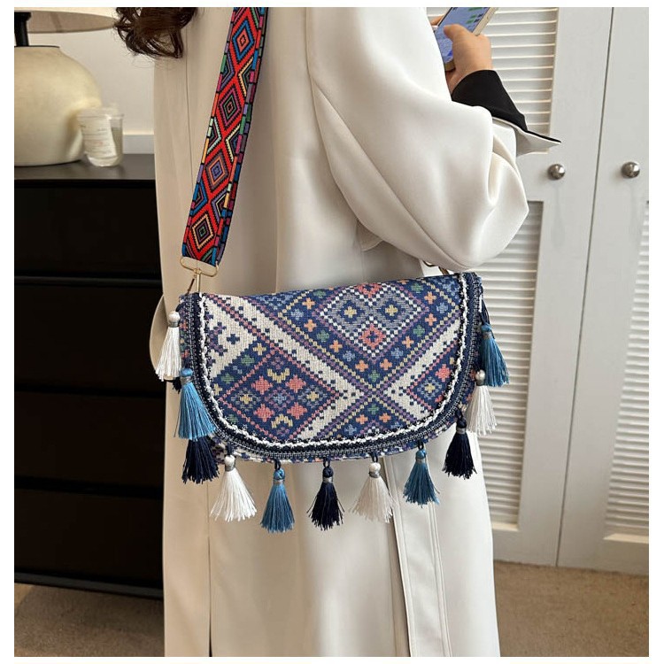 2025 Ethnic Style Woven Small Square Crossbody Bag with Tassel for Women