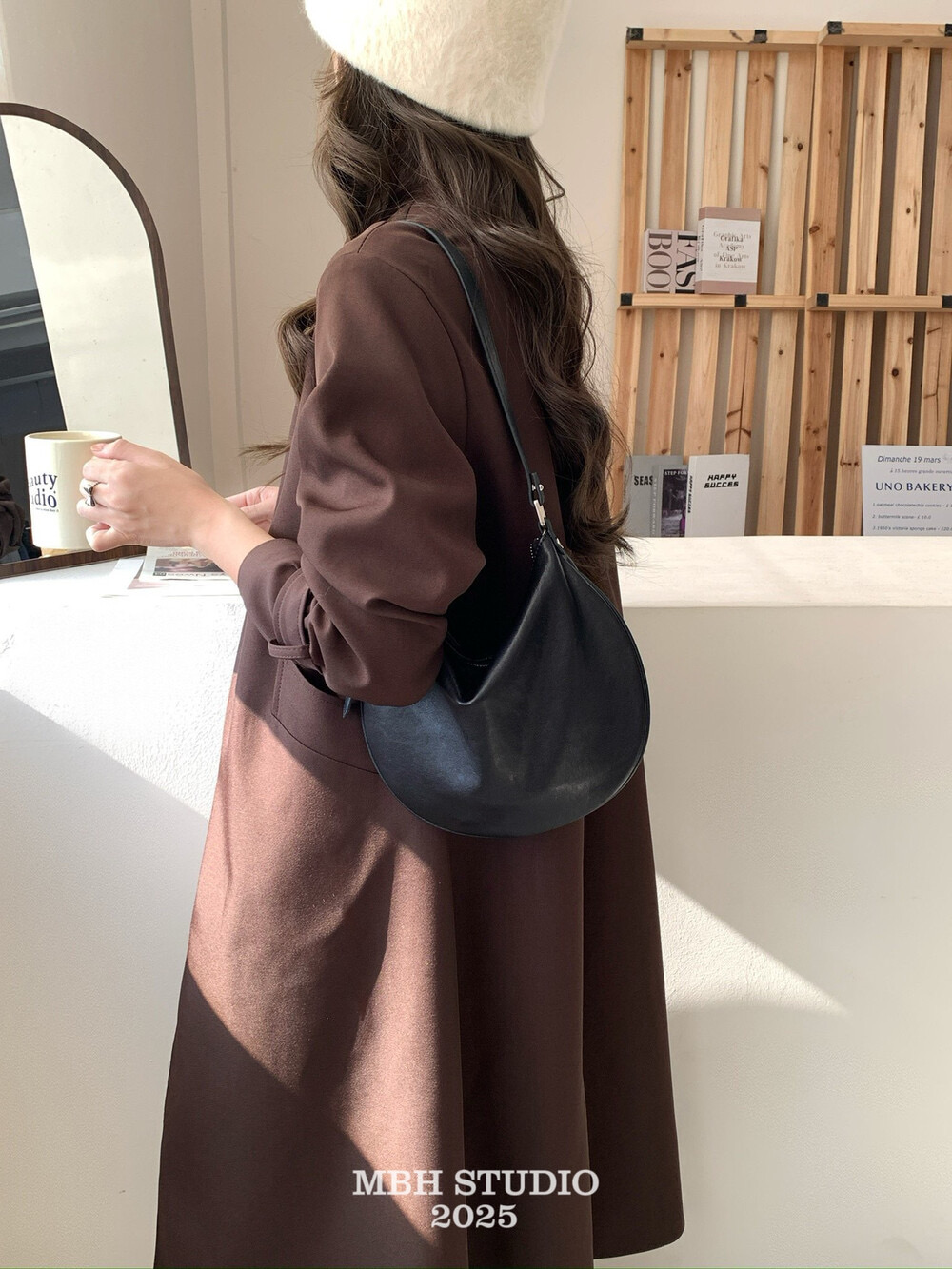 MBH Minimalist Solid Half-Moon Saddle Shoulder Bag Large Capacity Soft Lambskin Casual Genuine Leather