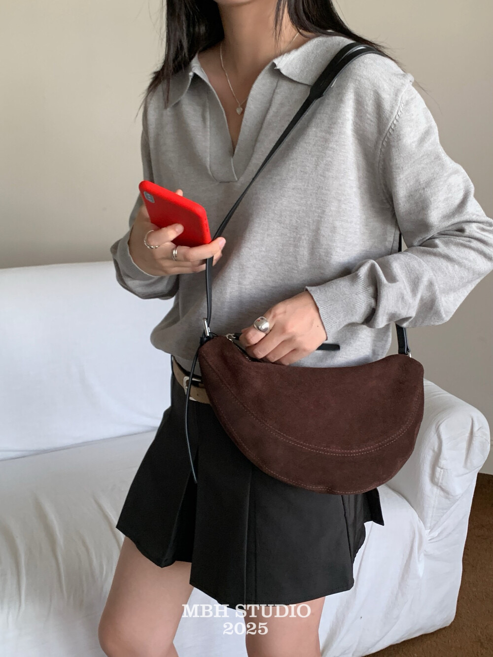 MBH Trendy Saddle Bag Suede Color Block Croissant Bag Large Capacity Commuter Shoulder Bag - Image 2
